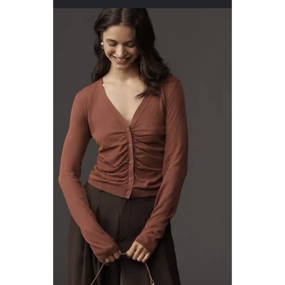 NWT Maeve Ruched Crop Cardigan XS Sweater  Sheer Brown Chic Classic Boho Crop
